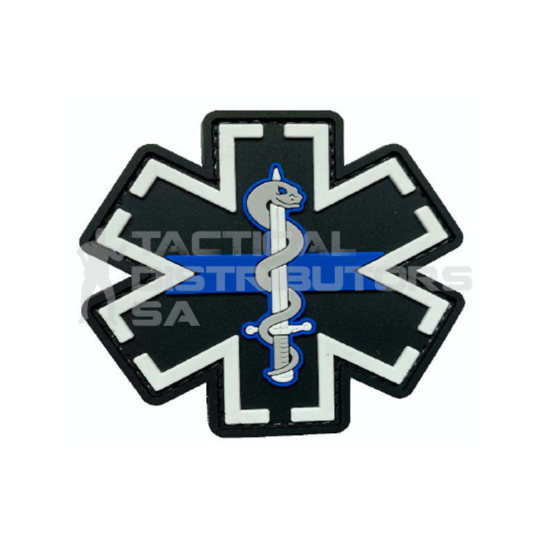Star of Life Medical Patch 4x4 - Reflective White Image - Royal Blue  Backing - Hook Fabric