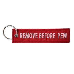 tacspec-remove-before-pew-embroidered-keyring---wh. TacSpec "Remove Before Pew" Embroidered Keyring - White/Red